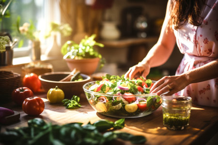 Close up of Hand of woman preparing healthy saladの素材