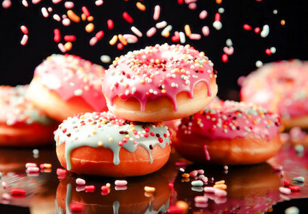Delicious glazed donuts with sprinkles on a black backgroundの素材