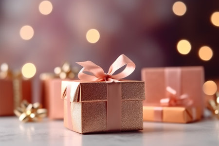 Gift boxes with bow on table against blurred lights, closeupの素材