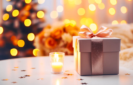 Gift box and candle on table in room decorated with Christmas lightsの素材