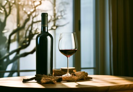 Wine bottle and glass of red wine on the wooden table.の素材