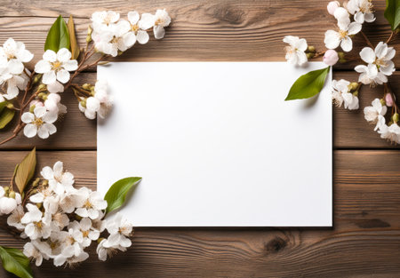 Blank paper sheet with spring flowers on brown wooden table, top viewの素材