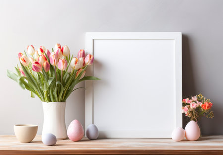White frame mockup with tulips in vase and easter eggs on wooden table.の素材