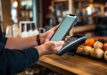 Man using smartphone and paying with NFC technology in coffee shop. Technology conceptの素材