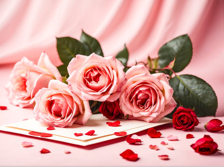 Beautiful pink roses on a pink background. Valentines day.の素材