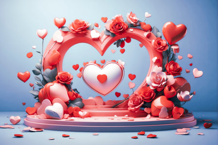 Valentine's day abstract background with red hearts and flowers. 3d renderの素材