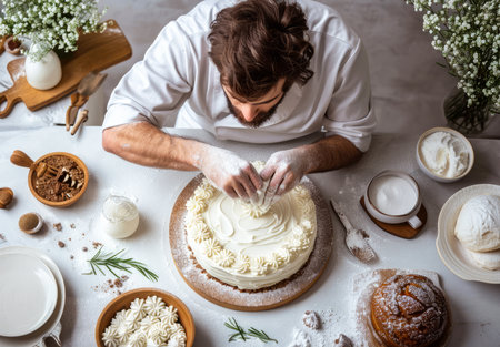 A chef in a professional kitchen delicately sprinkles powdered sugar over an elegantly frosted white cake on a stand.の素材