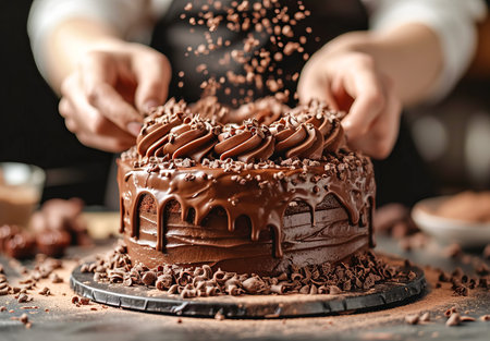 In a professional kitchen, a pastry chef with white gloves puts the final touches on a decadent chocolate cake with rich icing.の素材