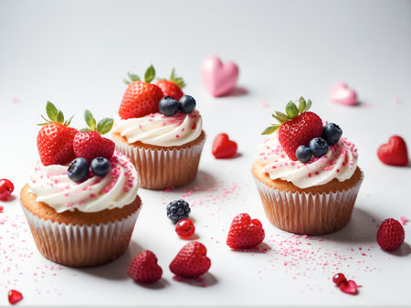 Delicious cupcakes with swirls of cream topped with fresh berries and red heart-shaped candies, perfect for a sweet celebration.の素材
