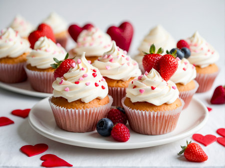 Delicious cupcakes with swirls of cream topped with fresh berries and red heart-shaped candies, perfect for a sweet celebration.の素材