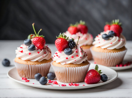 Delicious cupcakes with swirls of cream topped with fresh berries and red heart-shaped candies, perfect for a sweet celebration.の素材