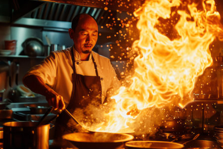 Chef in restaurant kitchen at stove with pan.の素材