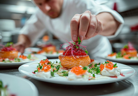 Chef preparing food, meal, in the kitchen, chef cooking in kitchen, Chef decorating dish, closeupの素材