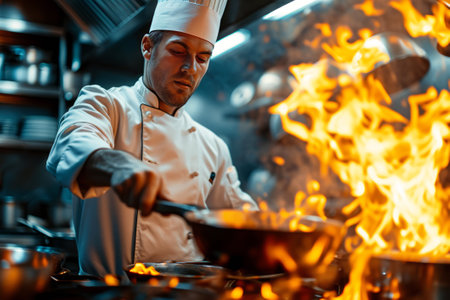 Chef in restaurant kitchen at stove with pan.の素材