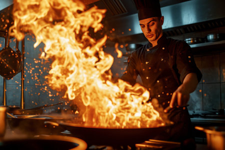 Chef in restaurant kitchen at stove with pan.の素材