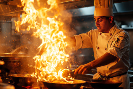 Chef in restaurant kitchen at stove with pan.の素材