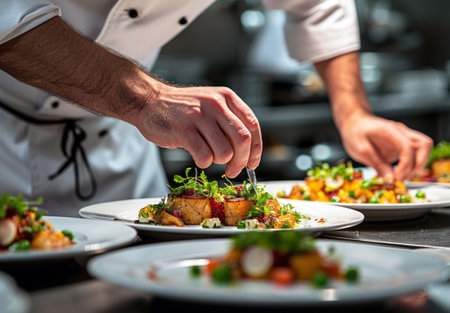 Chef preparing food, meal, in the kitchen, chef cooking in kitchen, Chef decorating dish, closeupの素材