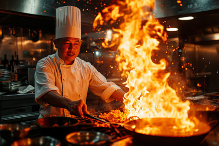 Chef in restaurant kitchen at stove with pan.の素材