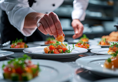 Chef preparing food, meal, in the kitchen, chef cooking in kitchen, Chef decorating dish, closeupの素材