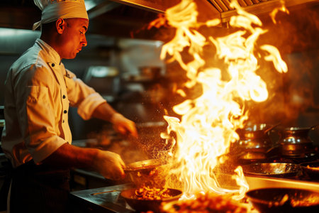 Chef in restaurant kitchen at stove with pan.の素材