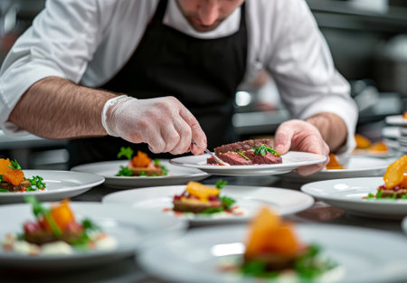 Chef preparing food, meal, in the kitchen, chef cooking in kitchen, Chef decorating dish, closeupの素材