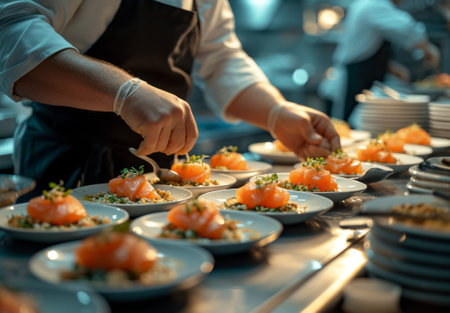 Chef preparing food, meal, in the kitchen, chef cooking in kitchen, Chef decorating dish, closeupの素材
