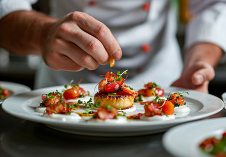 Chef preparing food, meal, in the kitchen, chef cooking in kitchen, Chef decorating dish, closeupの素材
