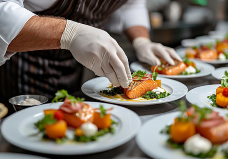Chef preparing food, meal, in the kitchen, chef cooking in kitchen, Chef decorating dish, closeupの素材