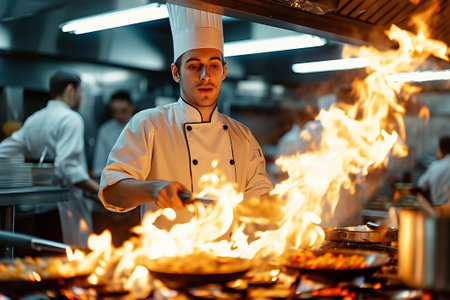 Chef in restaurant kitchen at stove with pan.の素材