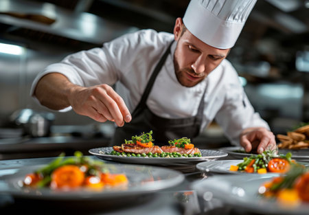 Chef preparing food, meal, in the kitchen, chef cooking in kitchen, Chef decorating dish, closeupの素材