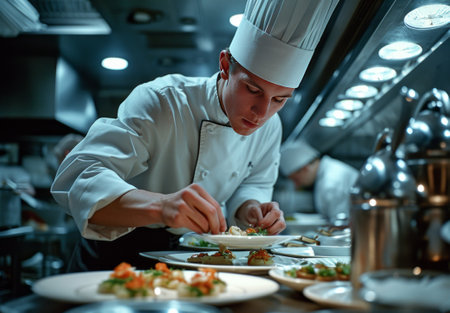 Chef preparing food, meal, in the kitchen, chef cooking in kitchen, Chef decorating dish, closeupの素材