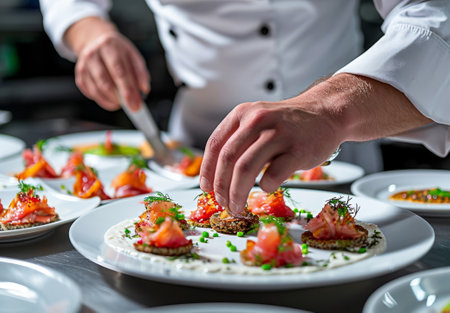 Chef preparing food, meal, in the kitchen, chef cooking in kitchen, Chef decorating dish, closeupの素材