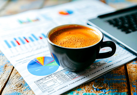 Coffee cup and newspaper with charts on a wooden table.の素材