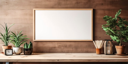 Stylish home office interior featuring a contemporary wooden desk, leather chair, potted plants, and a blank frame on a brick wall.の素材