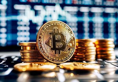 Stacks of Bitcoin coins on a financial chart showcasing cryptocurrency investment and market analysis.の素材