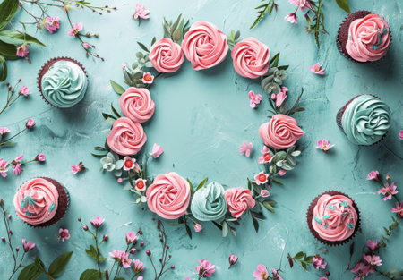 A decorative circle made of pink cupcakes, roses, and small flowers on a vibrant turquoise backdrop with space for text.の素材