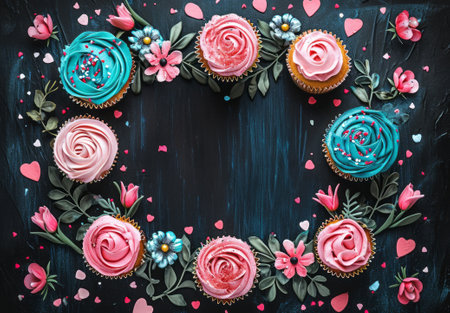 A decorative circle made of pink cupcakes, roses, and small flowers on a vibrant turquoise backdrop with space for text.の素材