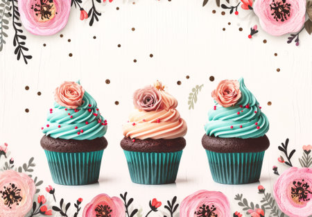 A decorative circle made of pink cupcakes, roses, and small flowers on a vibrant turquoise backdrop with space for text.の素材