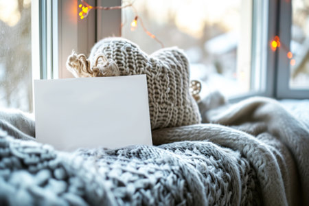 Cozy Winter Concept with Blank Note and Knitwear.の素材