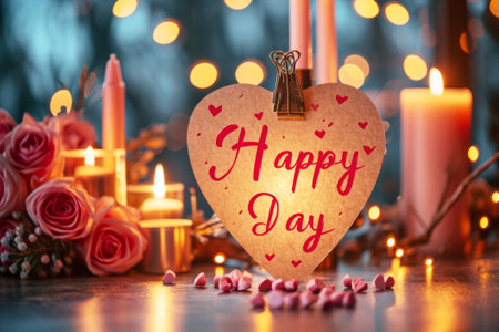 Heart Card with Candles and Rose on Table.の素材