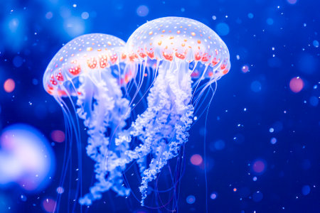 glowing jellyfish gracefully drifting underwater, their tentacles trailing in a deep blue oceanic backdrop.の素材