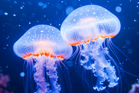 glowing jellyfish gracefully drifting underwater, their tentacles trailing in a deep blue oceanic backdrop.の素材
