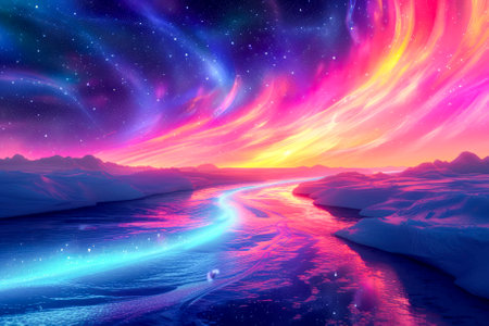 Vivid neon colors weave through a star-filled sky in a digital landscape, creating a stunning, surreal cosmic wave effect.の素材