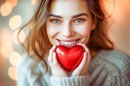 Portrait of a radiant young woman holding a shimmering red heart-shaped balloon, her eyes sparkling with happiness and love.の素材