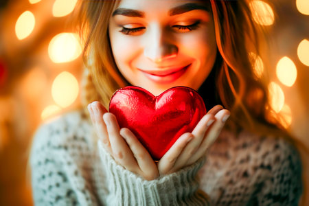 Portrait of a radiant young woman holding a shimmering red heart-shaped balloon, her eyes sparkling with happiness and love.の素材