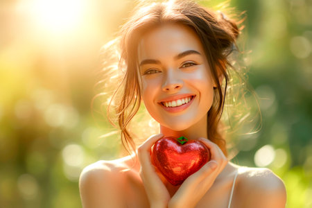 Portrait of a radiant young woman holding a shimmering red heart-shaped balloon, her eyes sparkling with happiness and love.の素材