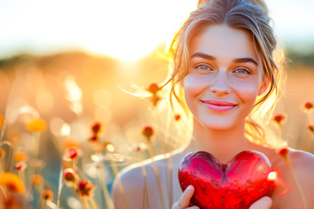 Portrait of a radiant young woman holding a shimmering red heart-shaped balloon, her eyes sparkling with happiness and love.の素材