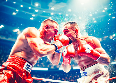 Two male boxers engage in a fierce bout, exchanging dynamic punches under the bright lights of the boxing ring.の素材