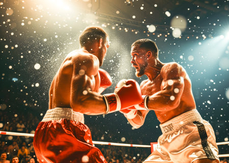 Two male boxers engage in a fierce bout, exchanging dynamic punches under the bright lights of the boxing ring.の素材