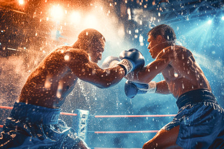 Two male boxers engage in a fierce bout, exchanging dynamic punches under the bright lights of the boxing ring.の素材
